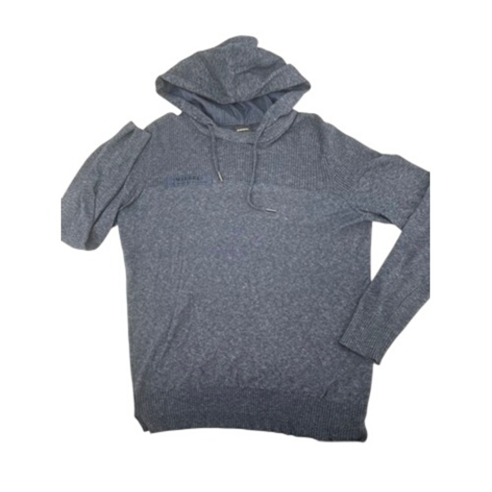 Diesel Hooded Sweater Mens Size M Blue Ribbed Yoke Knit Pullover Logo 8778